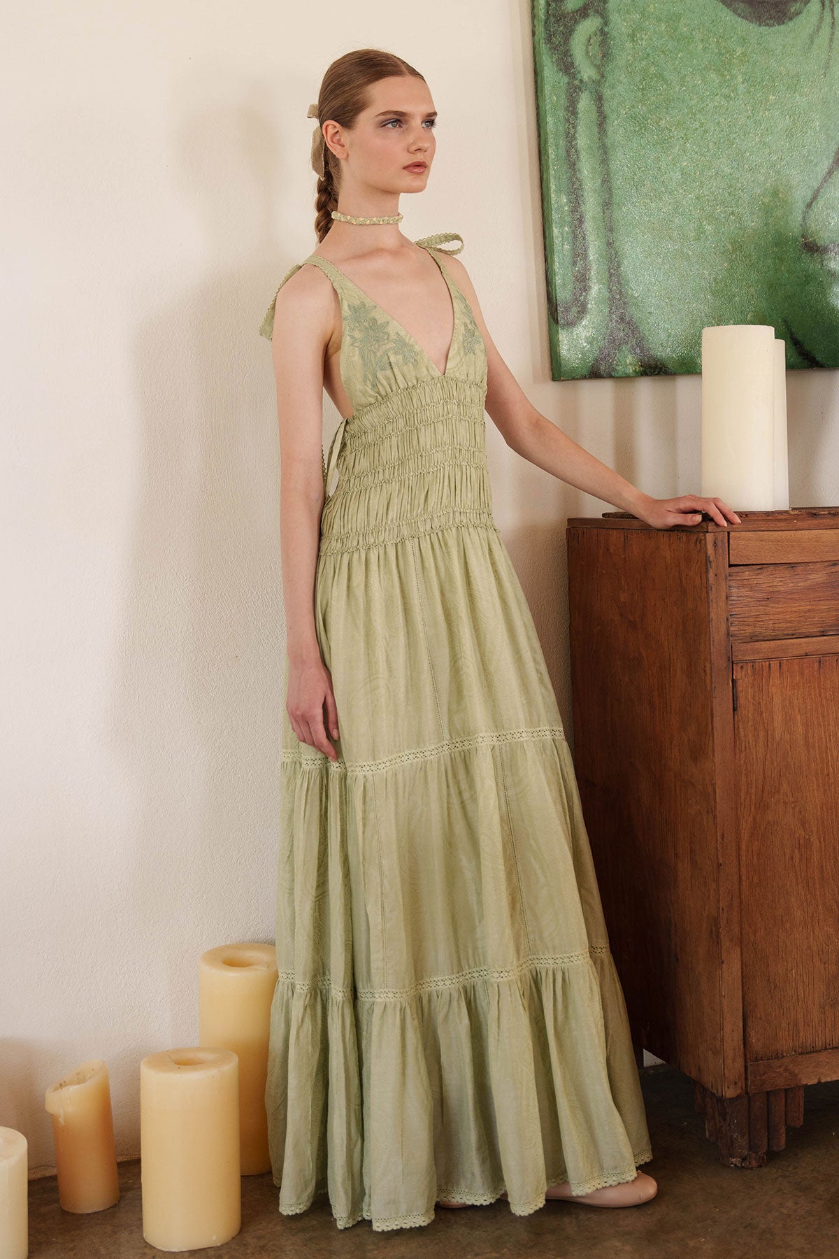 Aloe green tiered maxi with smocked bodice