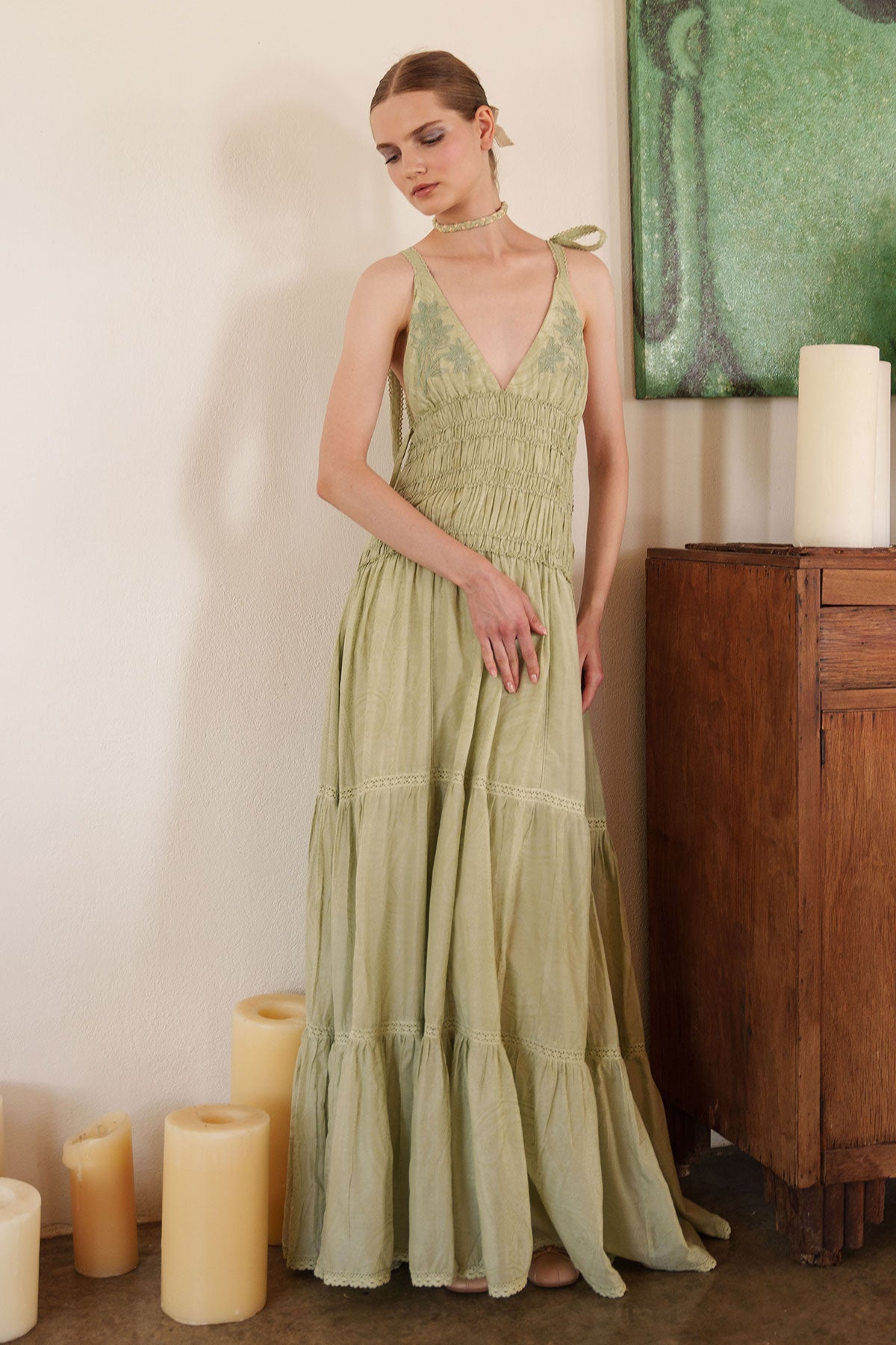 Aloe green tiered maxi with smocked bodice