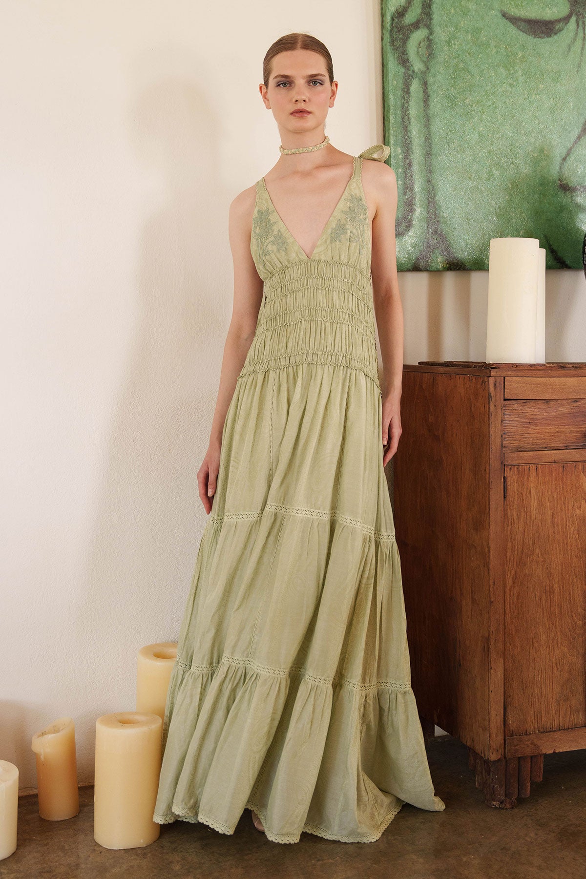 Aloe green tiered maxi with smocked bodice