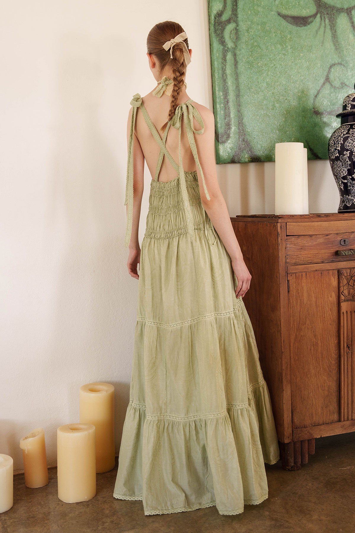 Aloe green tiered maxi with smocked bodice