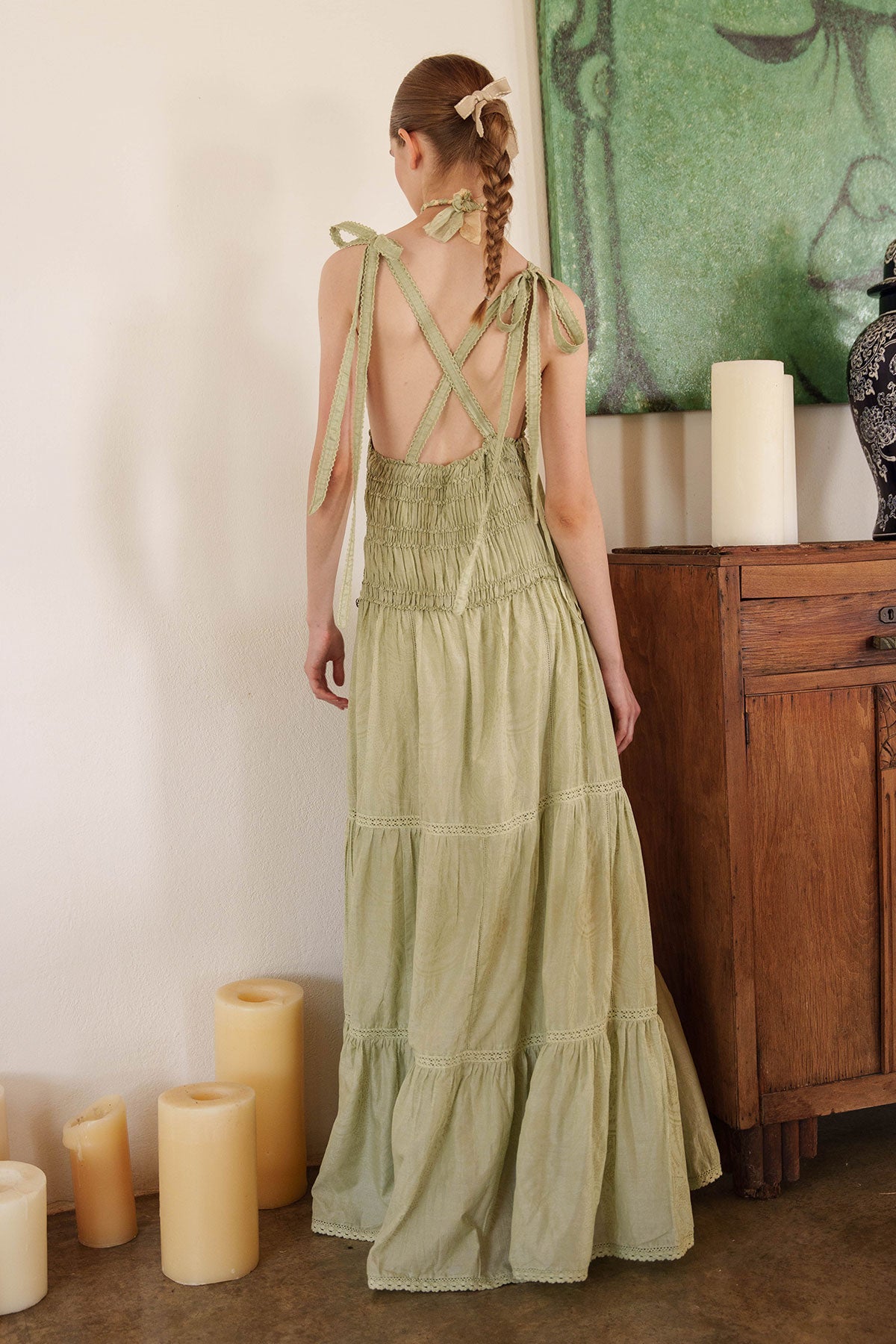 Aloe green tiered maxi with smocked bodice