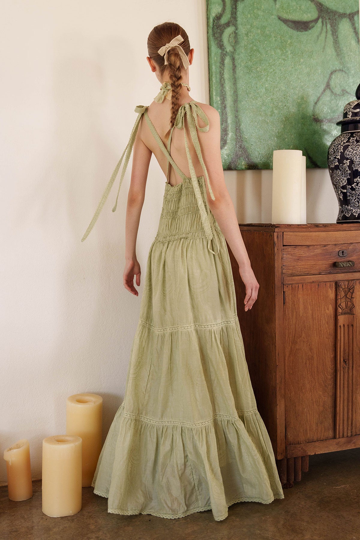 Aloe green tiered maxi with smocked bodice