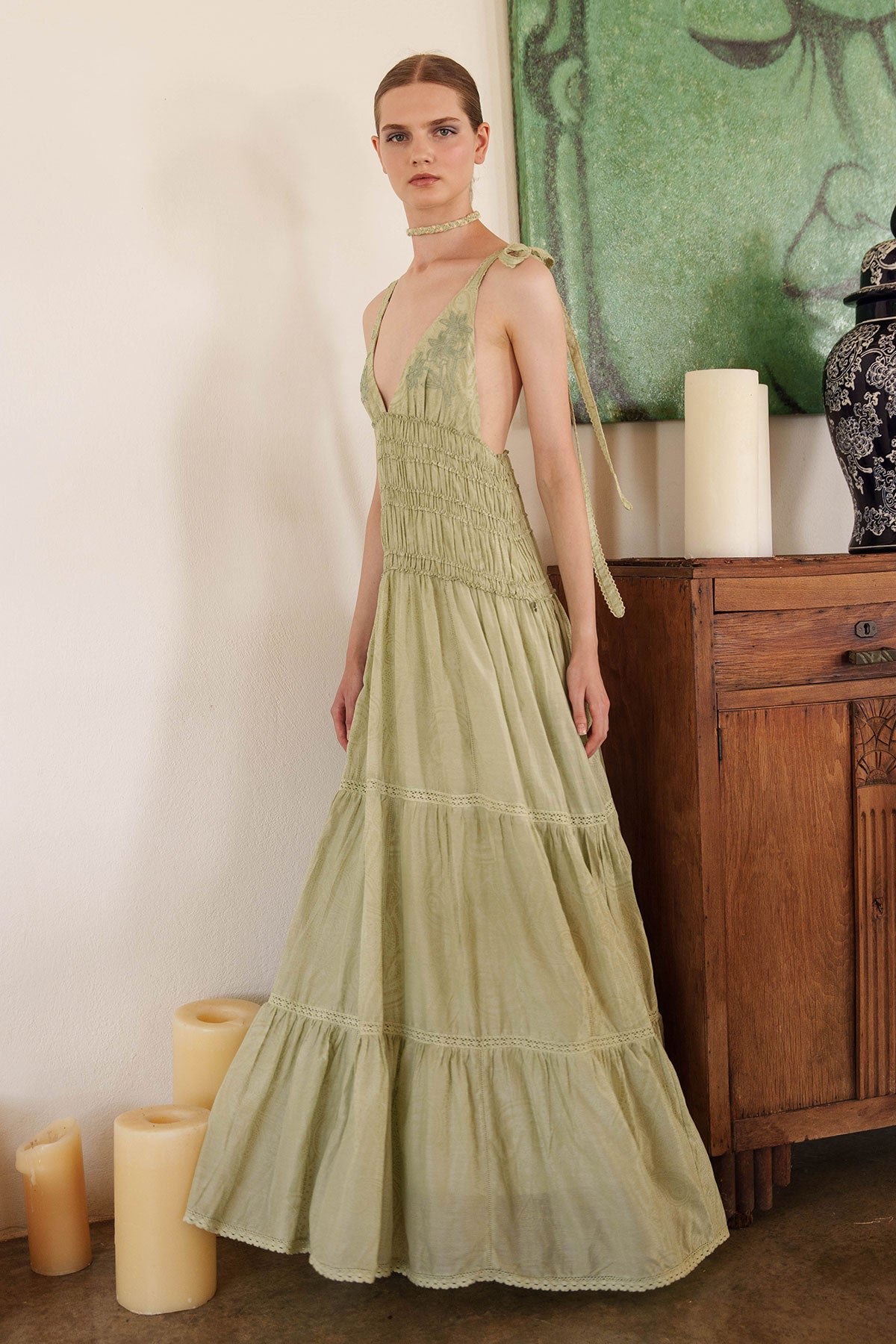 Aloe green tiered maxi with smocked bodice