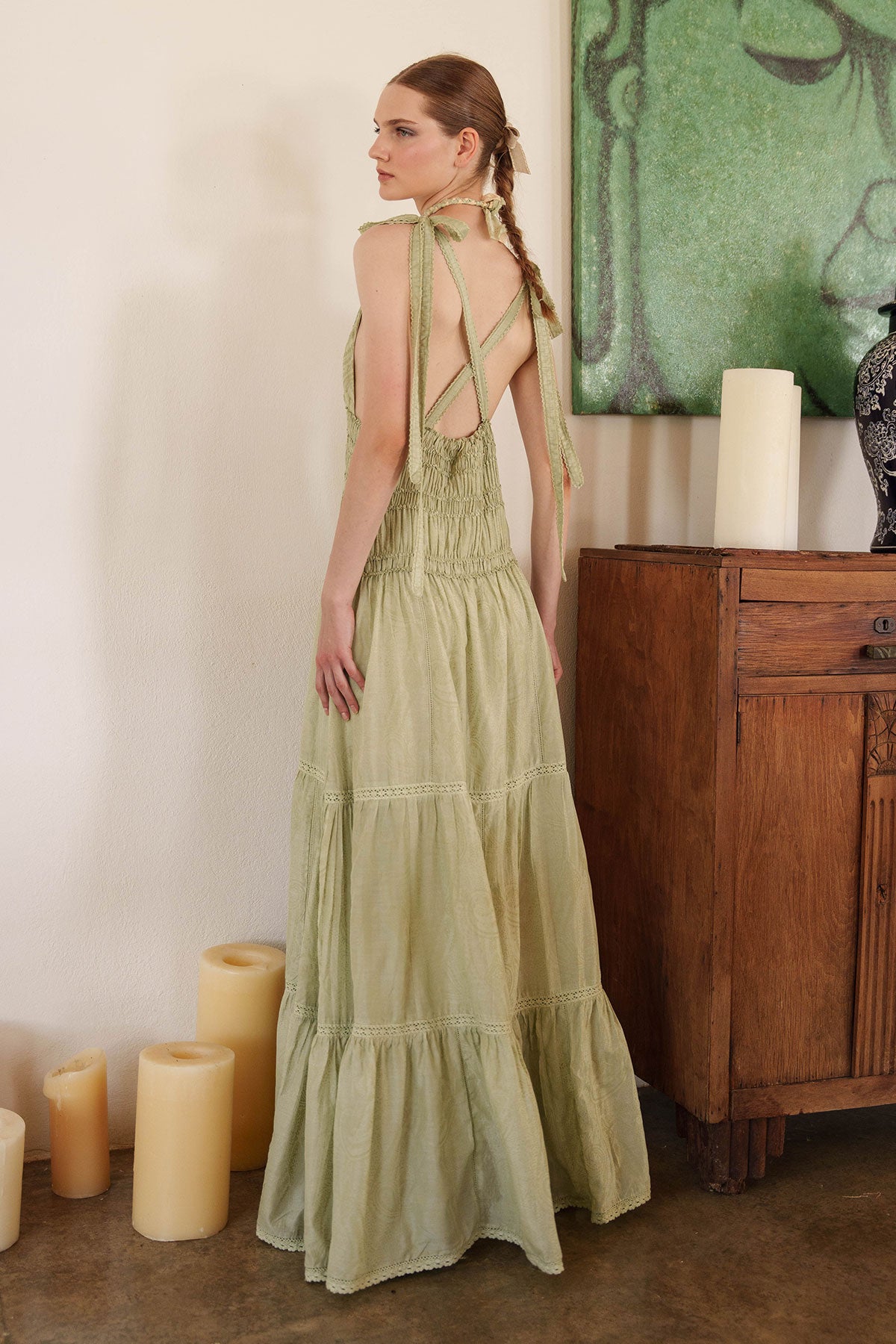 Aloe green tiered maxi with smocked bodice