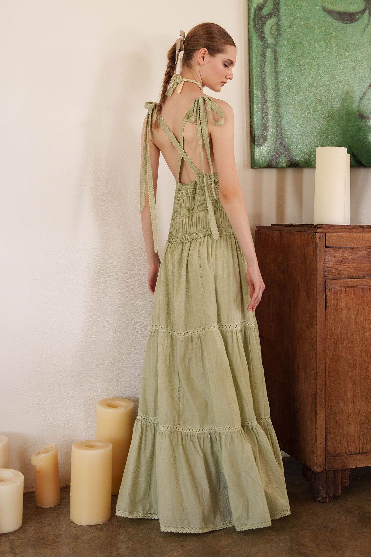 Aloe green tiered maxi with smocked bodice