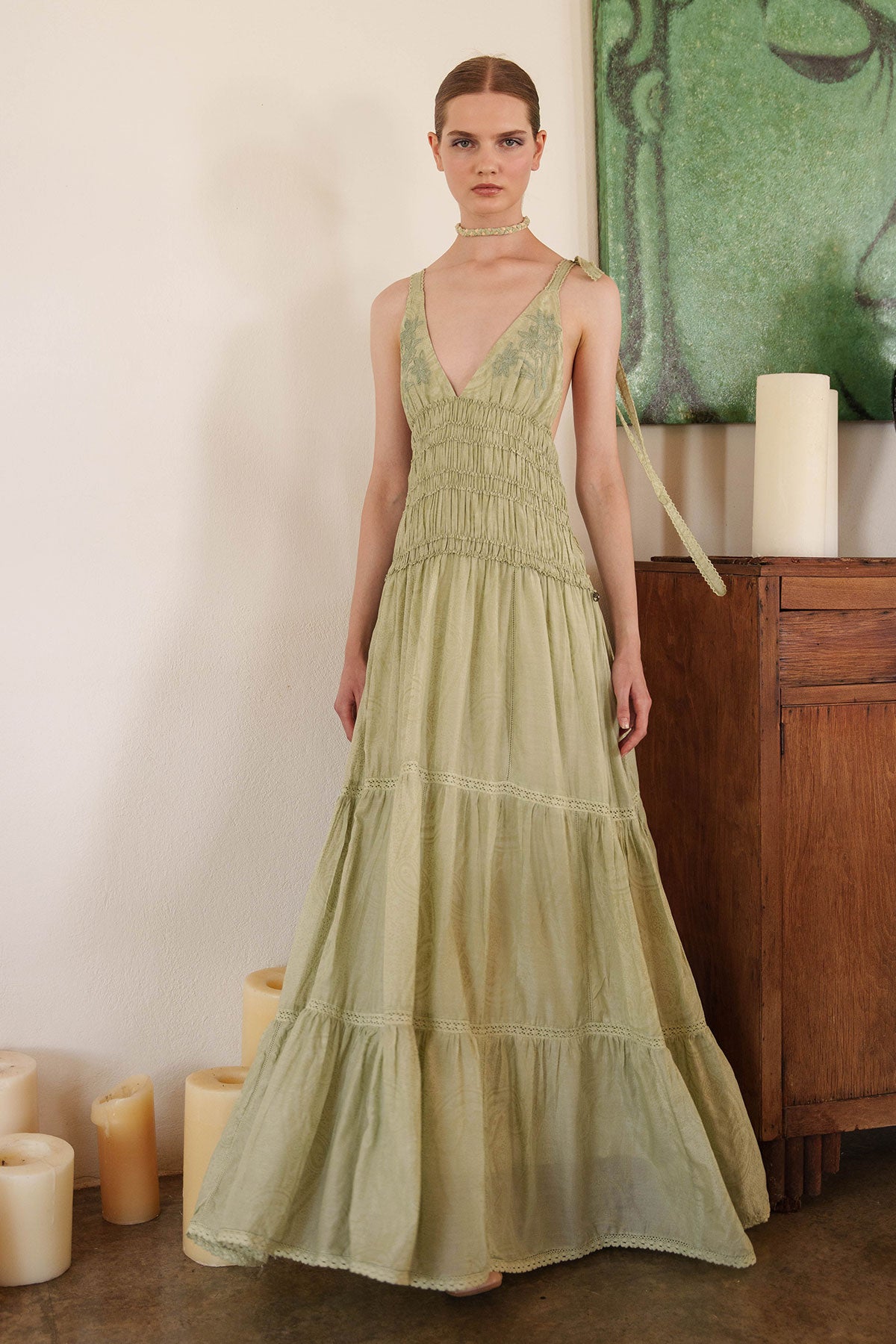 Aloe green tiered maxi with smocked bodice