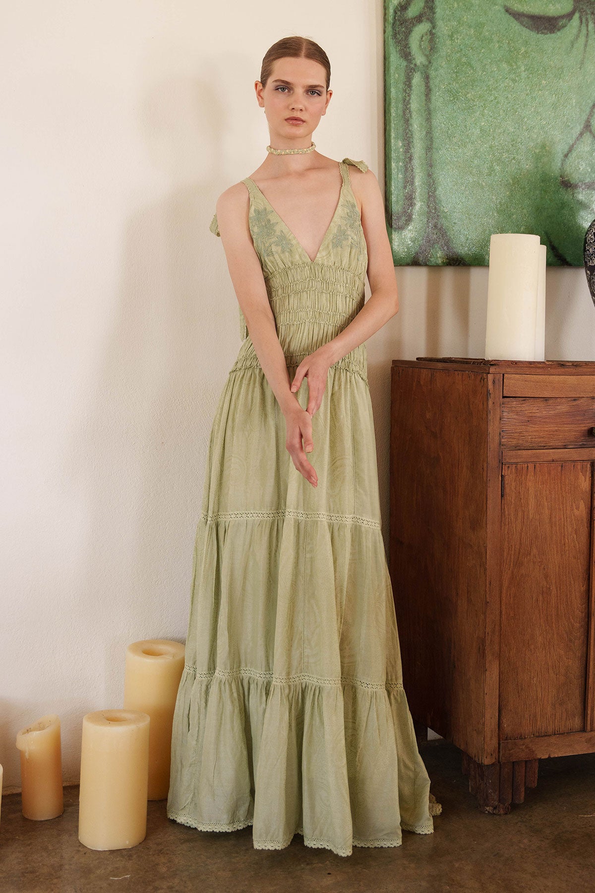 Aloe green tiered maxi with smocked bodice