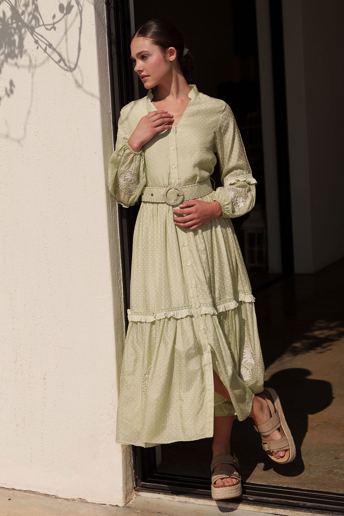 Green Polka Printed dress with placement embroidered