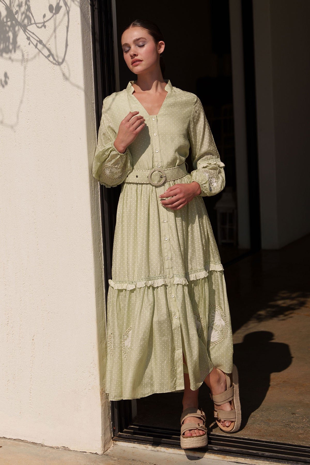 Green Polka Printed dress with placement embroidered