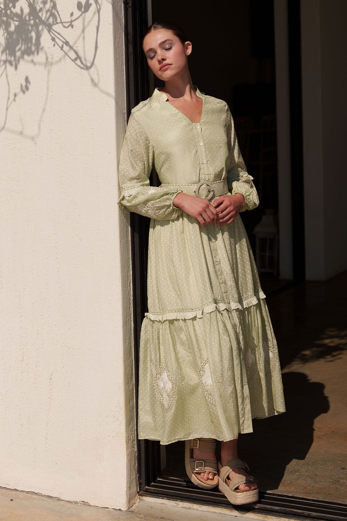 Green Polka Printed dress with placement embroidered