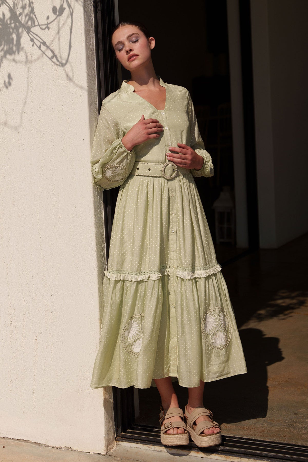 Green Polka Printed dress with placement embroidered