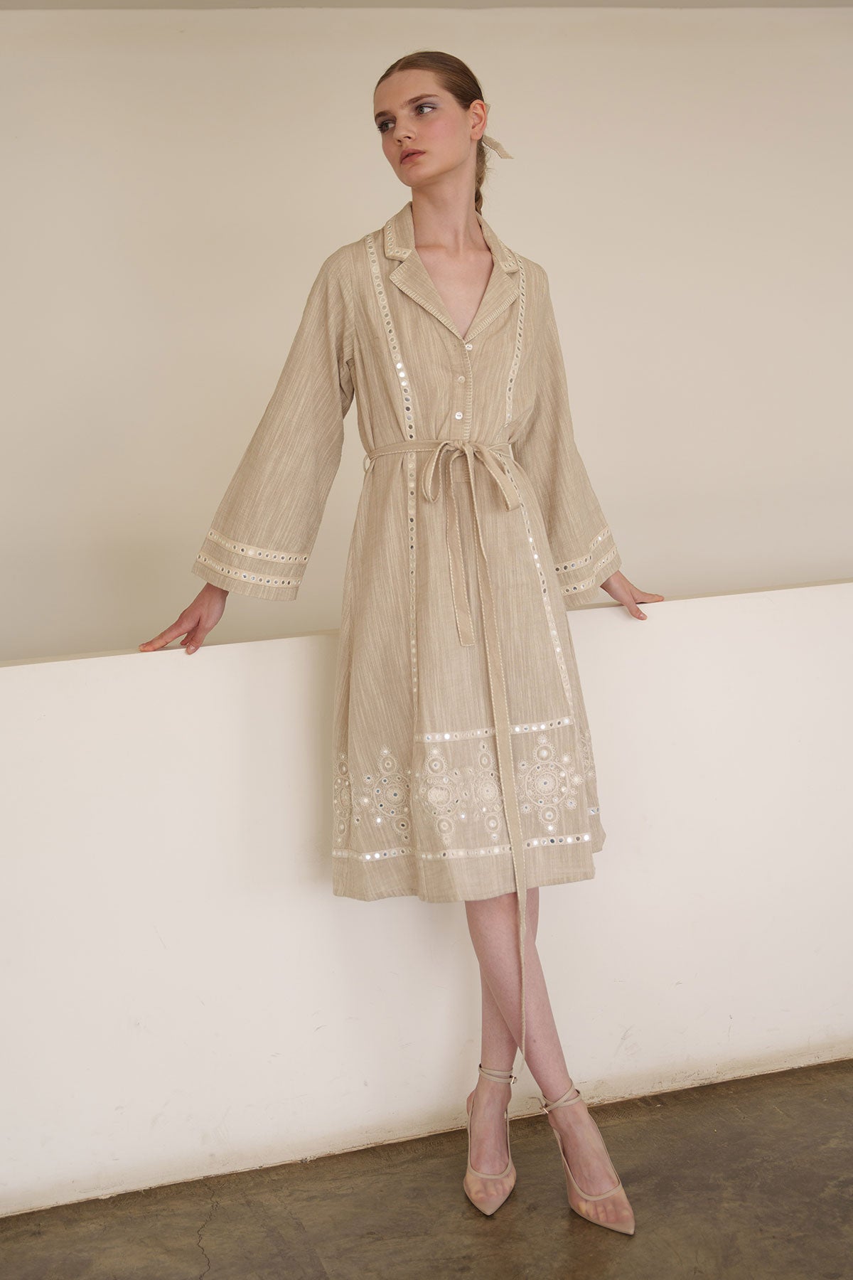 Beige mirror work shirt dress