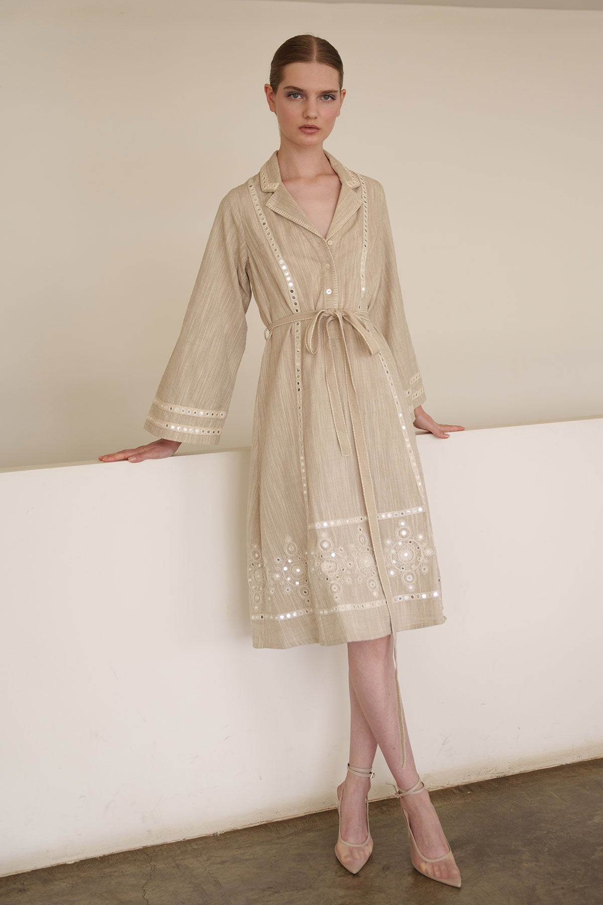 Beige mirror work shirt dress