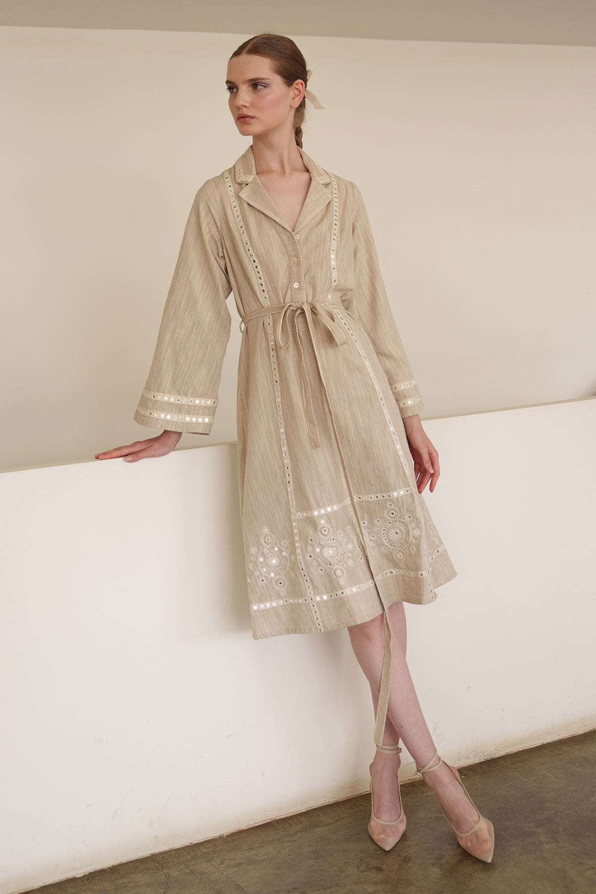 Beige mirror work shirt dress