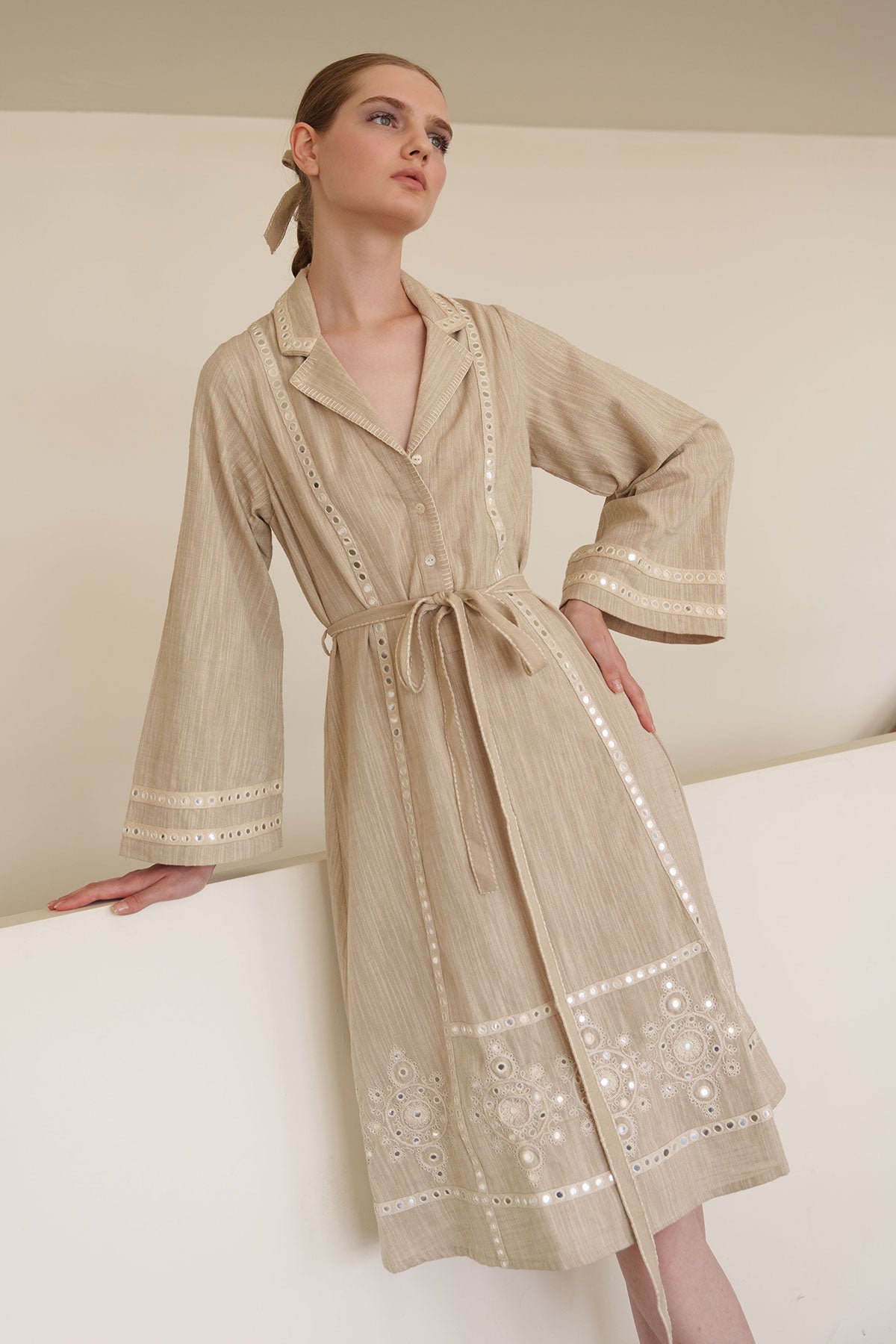 Beige mirror work shirt dress