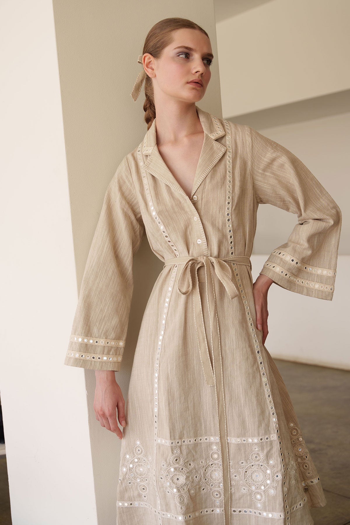 Beige mirror work shirt dress