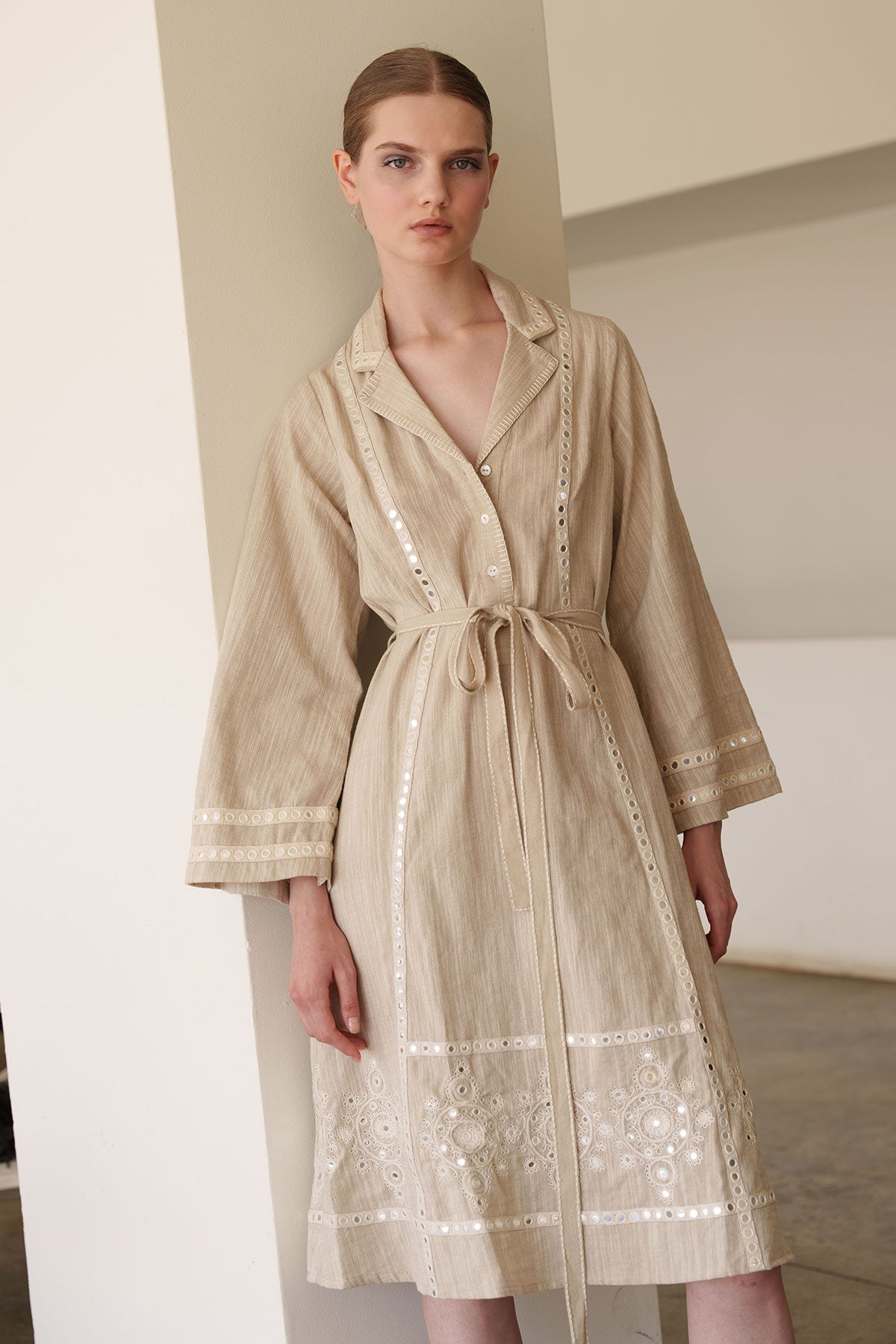 Beige mirror work shirt dress