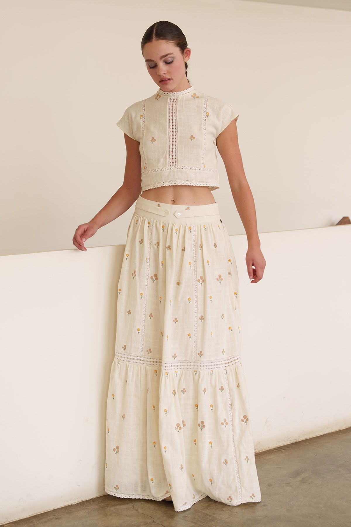 Whitemul tiered midi dress with cord embroidered yoke