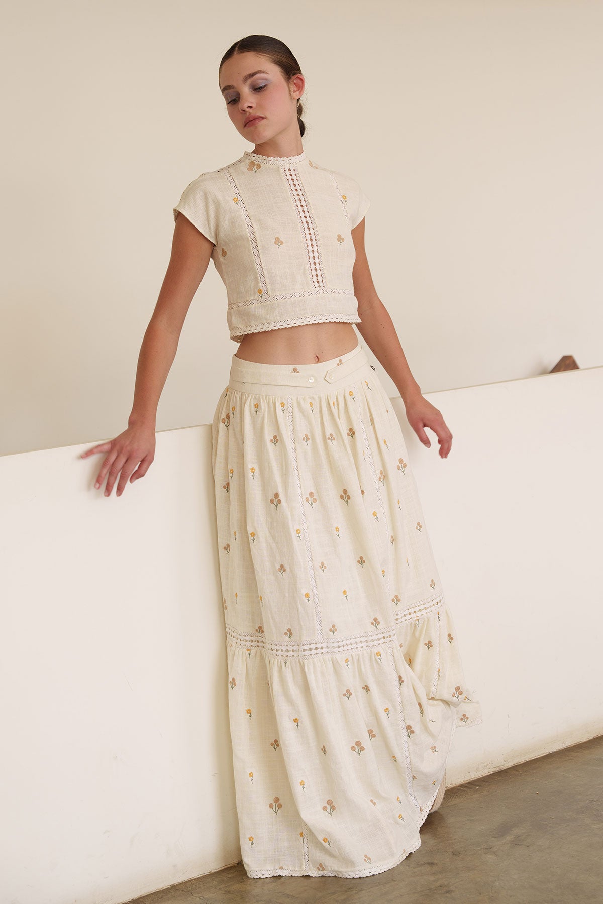 Whitemul tiered midi dress with cord embroidered yoke