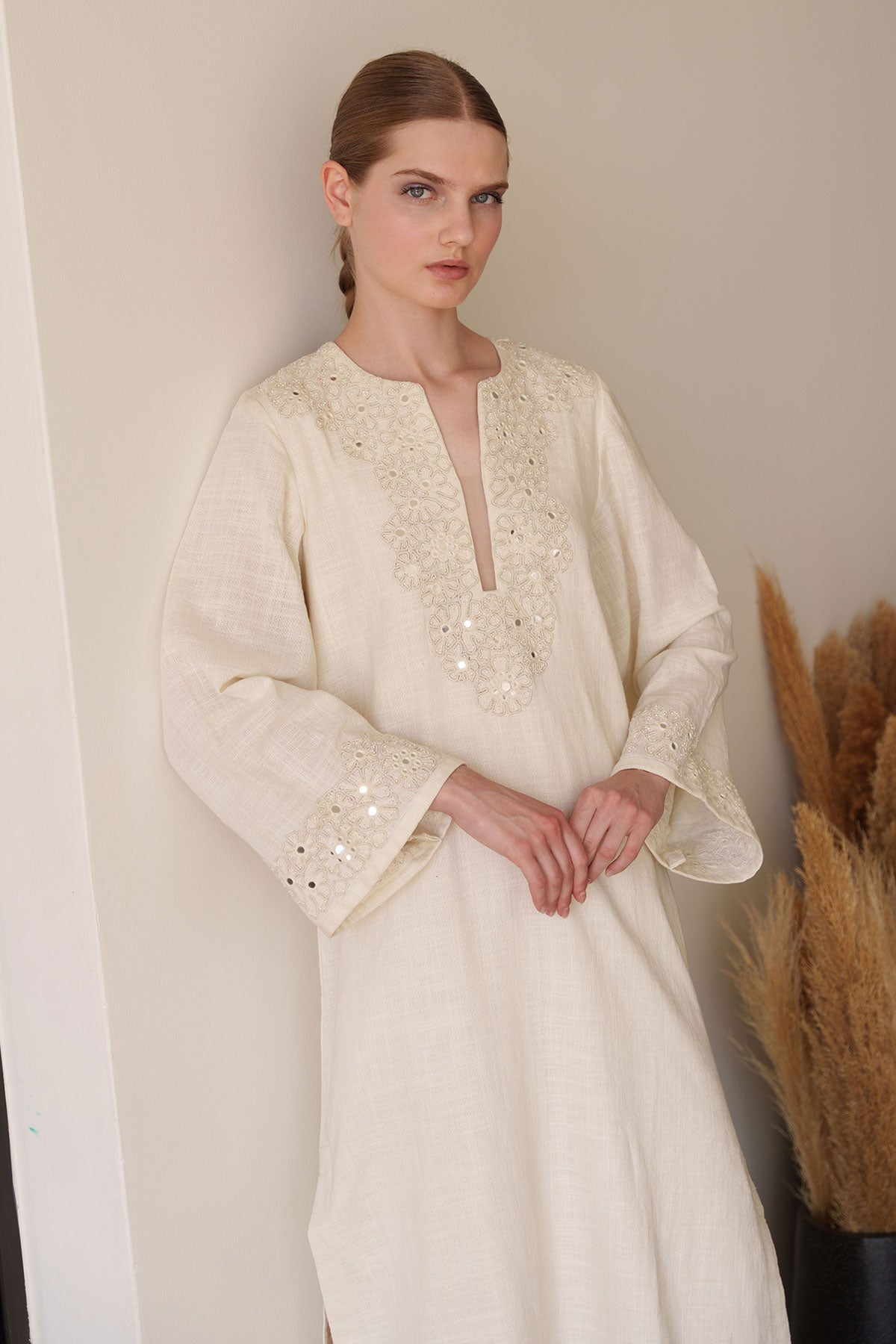 Ecru mirror embroidred Kaftan