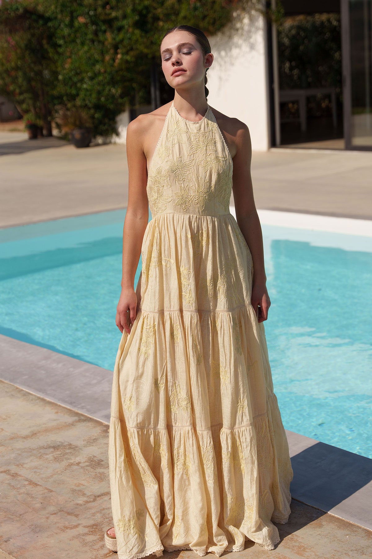 Yellow mul embroidered tiered maxi