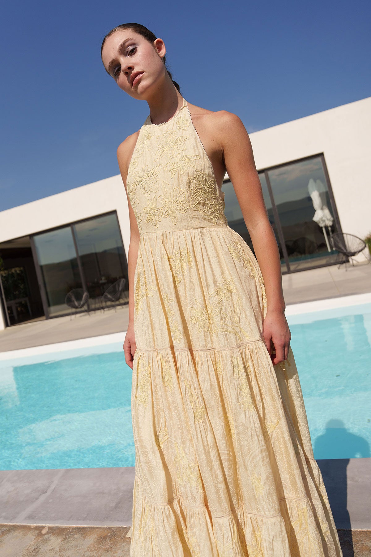 Yellow mul embroidered tiered maxi