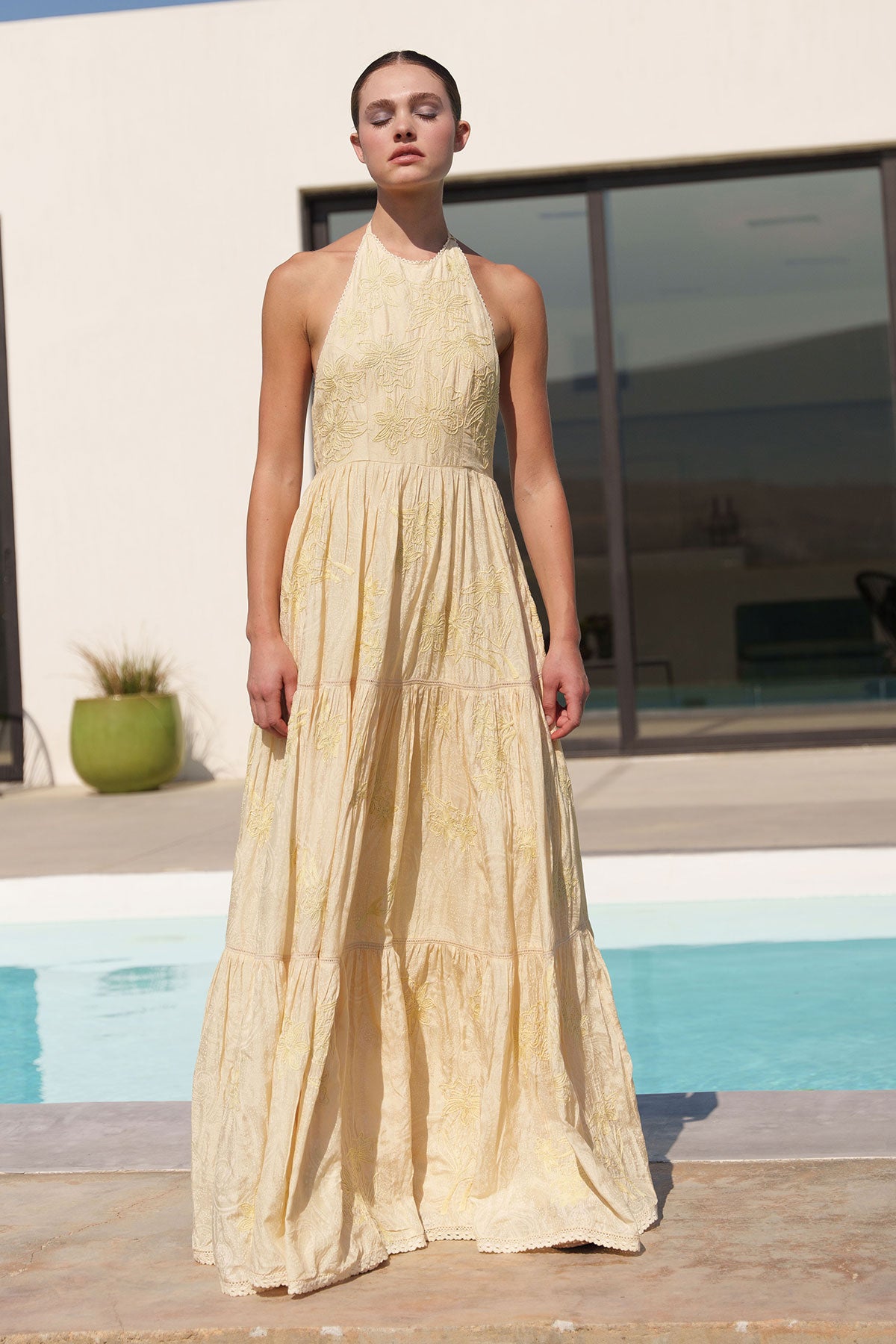 Yellow mul embroidered tiered maxi