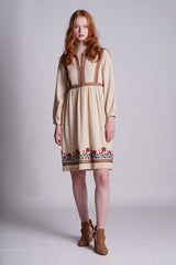 Ekru Viscose Texture Polish Embroidered Short Dress