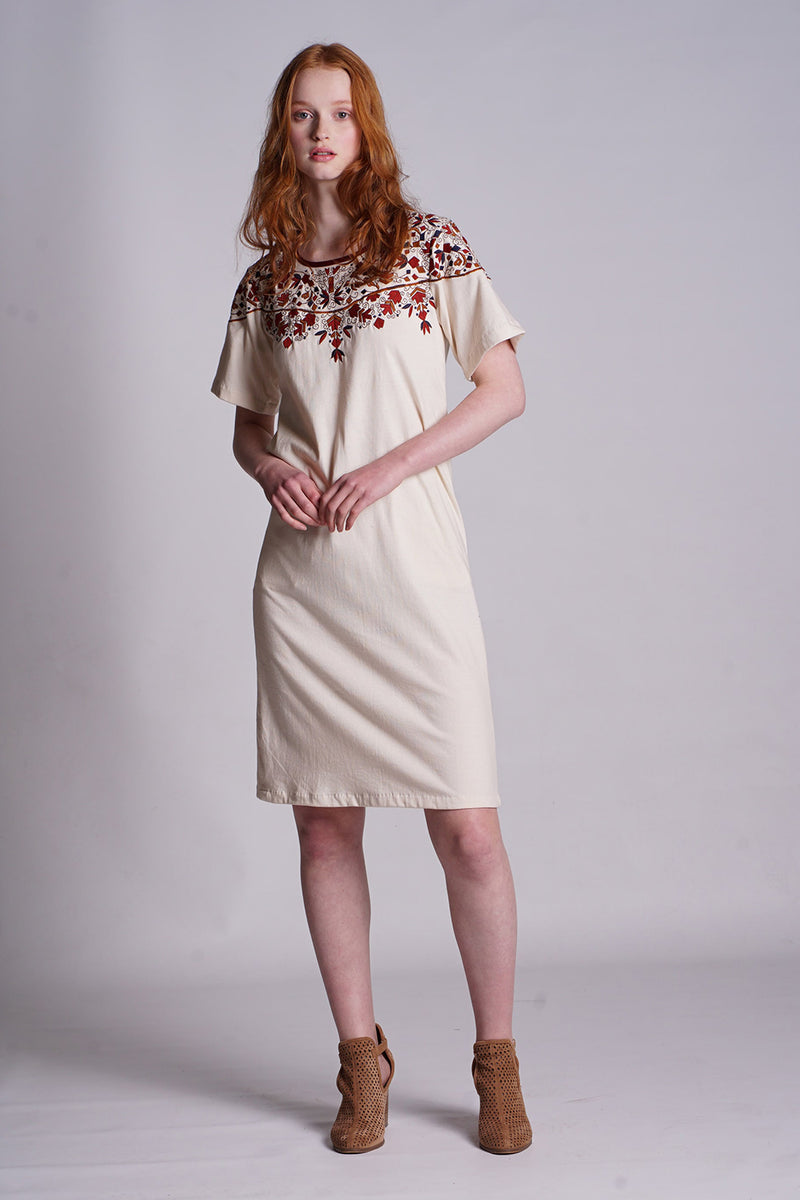 Ekru Knit Tunic with Geometric Embroidery at Neck