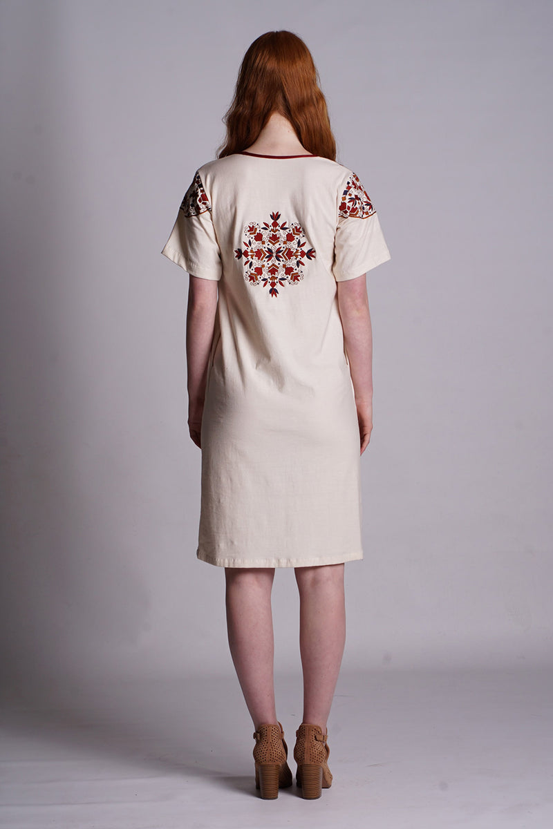 Ekru Knit Tunic with Geometric Embroidery at Neck