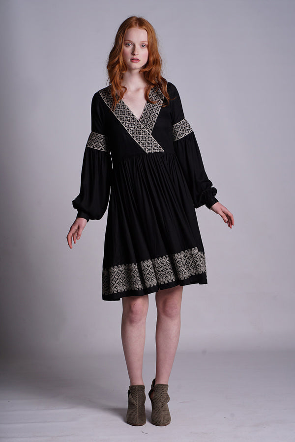 Black Viscose Twill Dress with Cross Stitch Embroidery