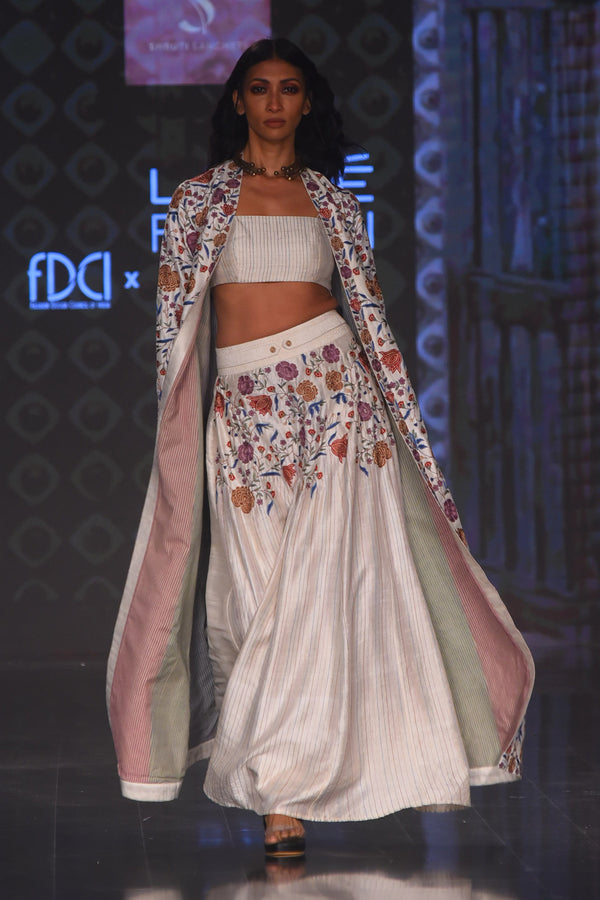 Ivory Raw-silk Ektari Embroidered Jacket With Bustier and Embroidered Skirt