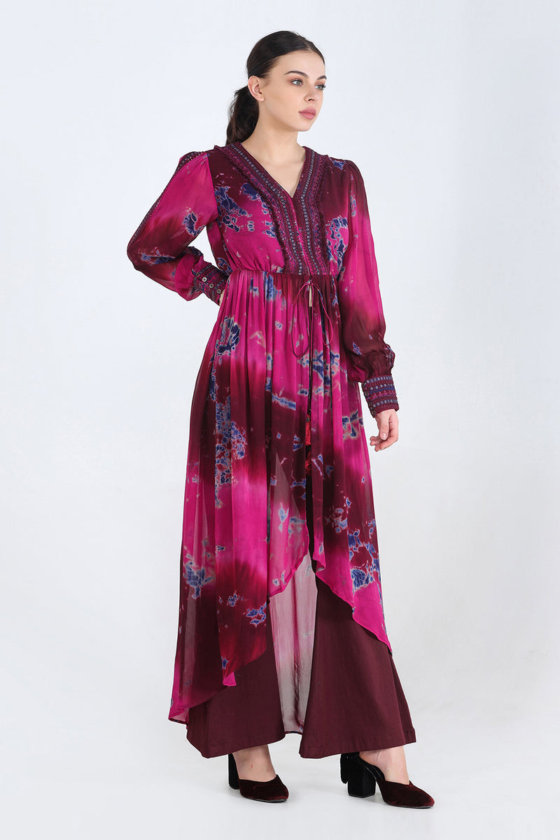 Fuchsia, Burgundy And Blue Tie And Dye Front Open Asymmetrical Tunic