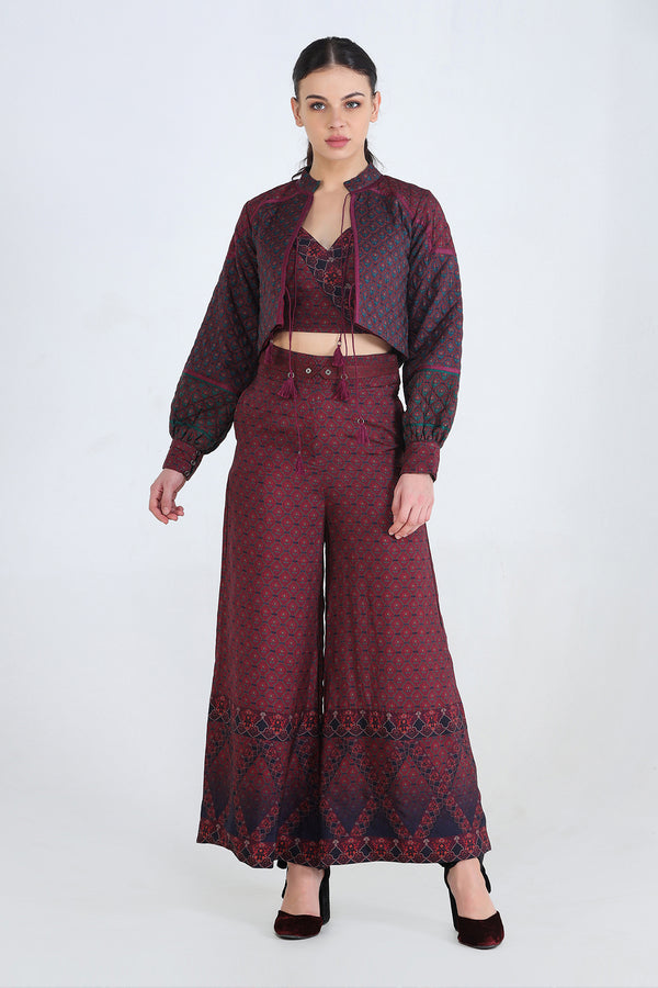 Plum Digital Tapestry Printed Pants With Border