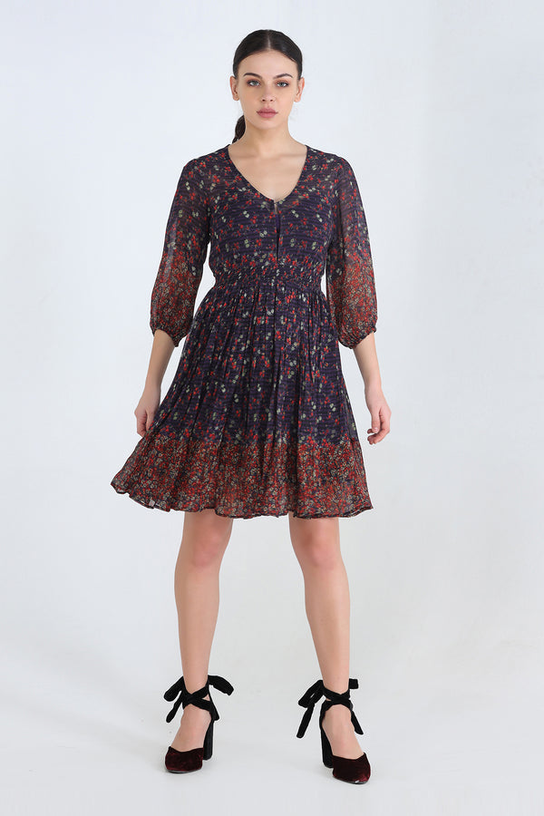 Floral Printed Georgette Smocked Waist Mini Dress