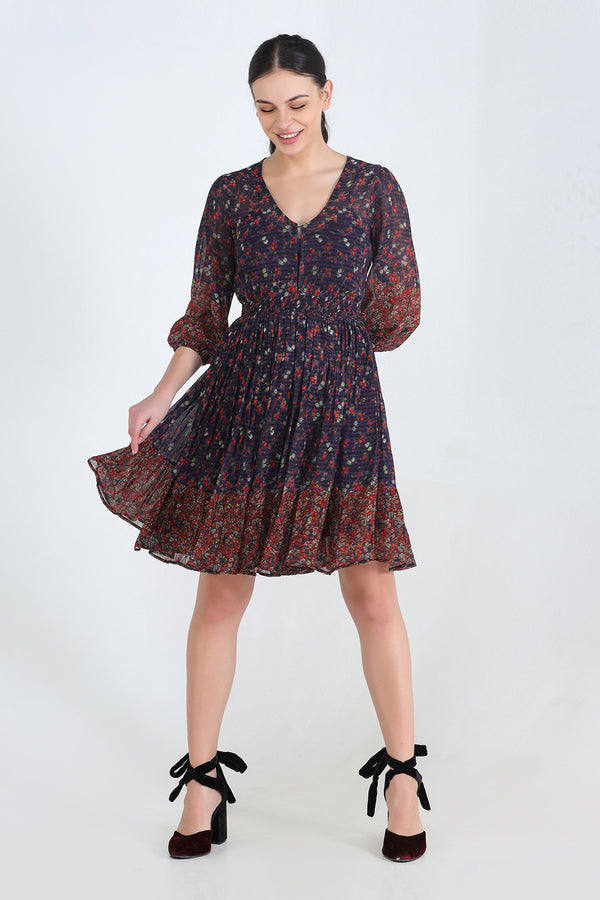 Floral Printed Georgette Smocked Waist Mini Dress