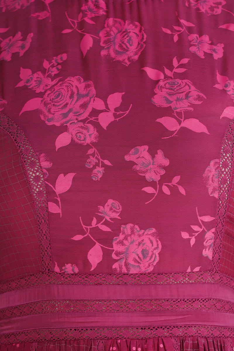 Plum Print Placement Dress With Lace Detailing