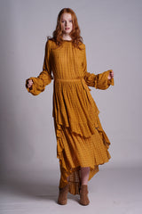 Viscose Texture Fabric Mustard Gathered Ruffle Detail Midi Dress