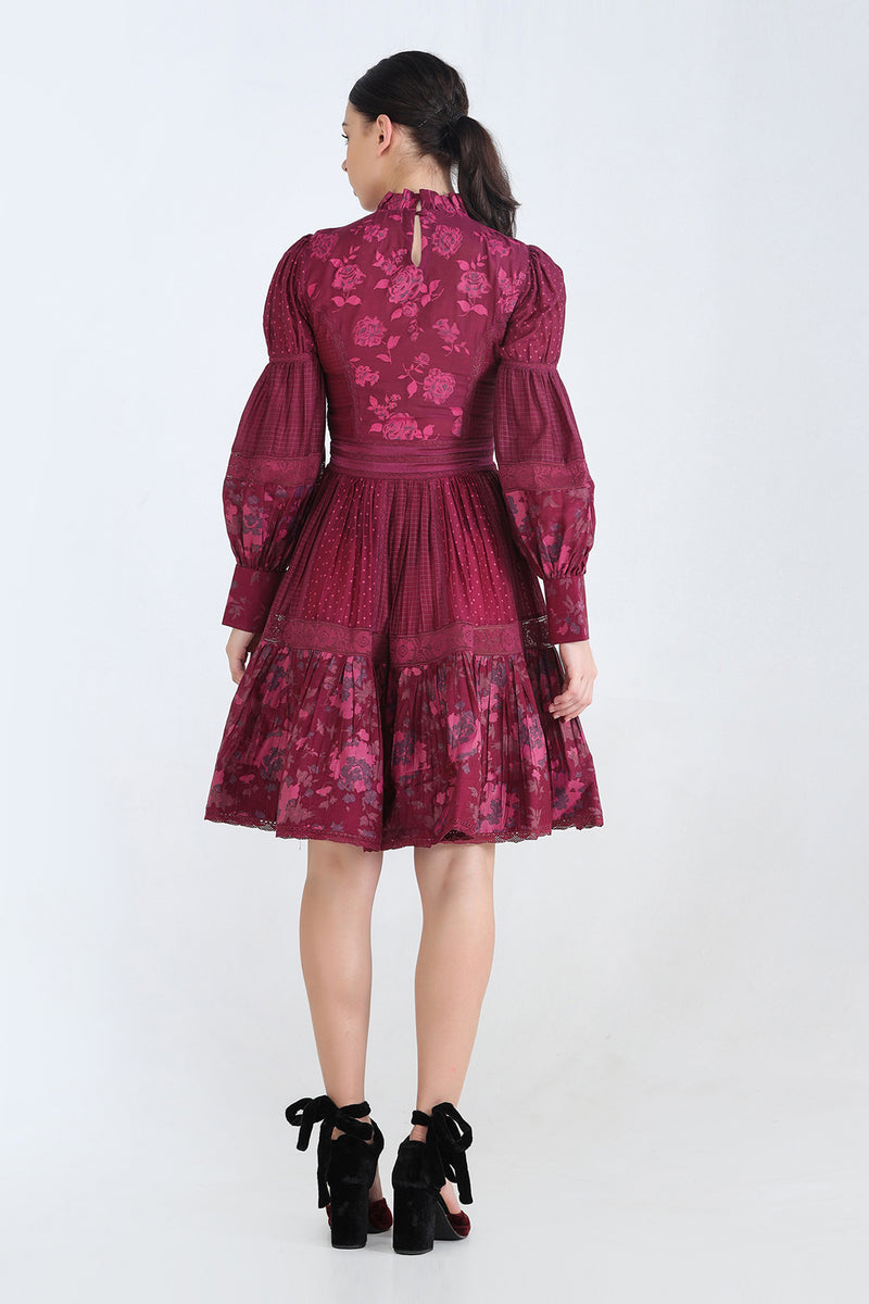 Plum Print Placement Dress With Lace Detailing