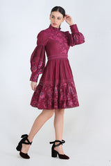Plum Print Placement Dress With Lace Detailing