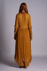 Viscose Texture Fabric Mustard Gathered Ruffle Detail Midi Dress