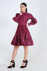 Plum Print Placement Dress With Lace Detailing