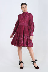Plum Print Placement Dress With Lace Detailing