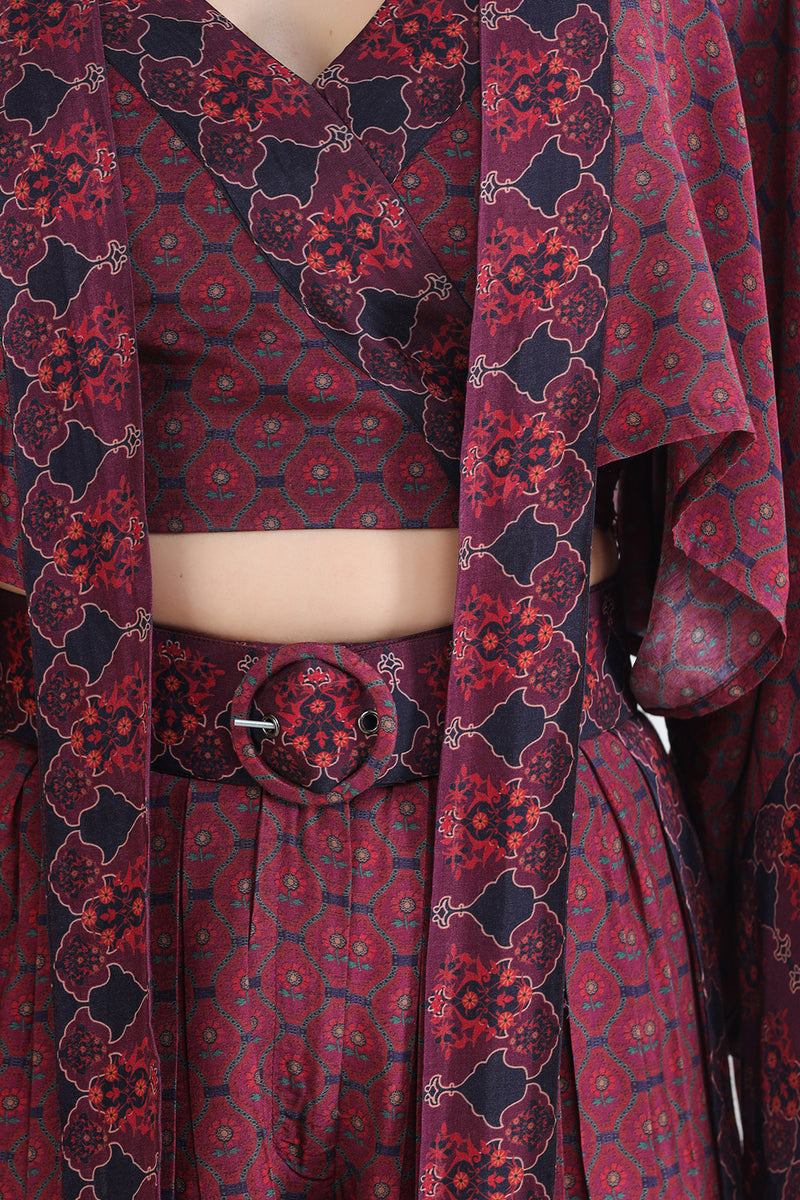 Plum Kimono Style Throw With Georgette Ruffles
