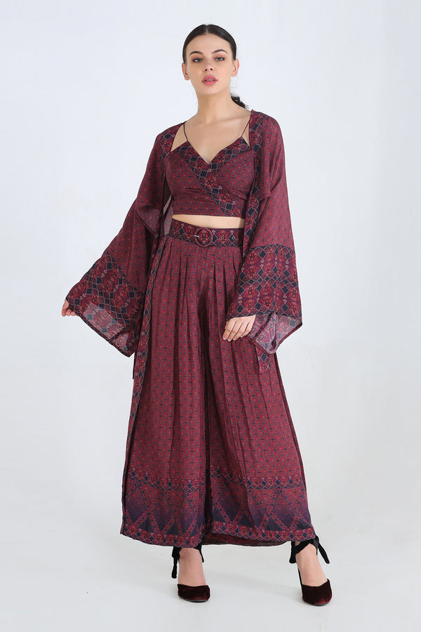 Plum Kimono Style Throw With Georgette Ruffles