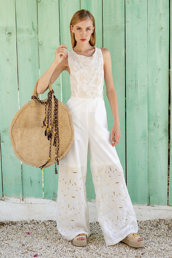 White Poplin Jumpsuit With Embroidered Bodice And Schiffli Work
