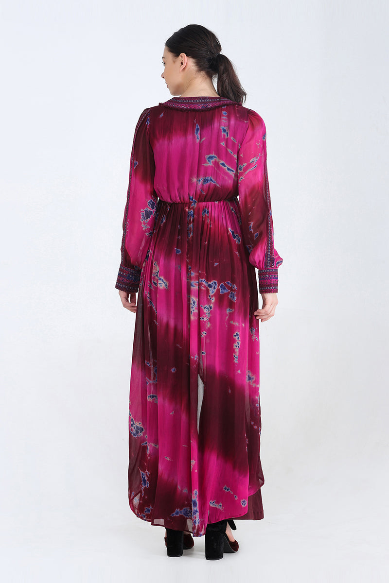 Fuchsia, Burgundy And Blue Tie And Dye Front Open Asymmetrical Tunic