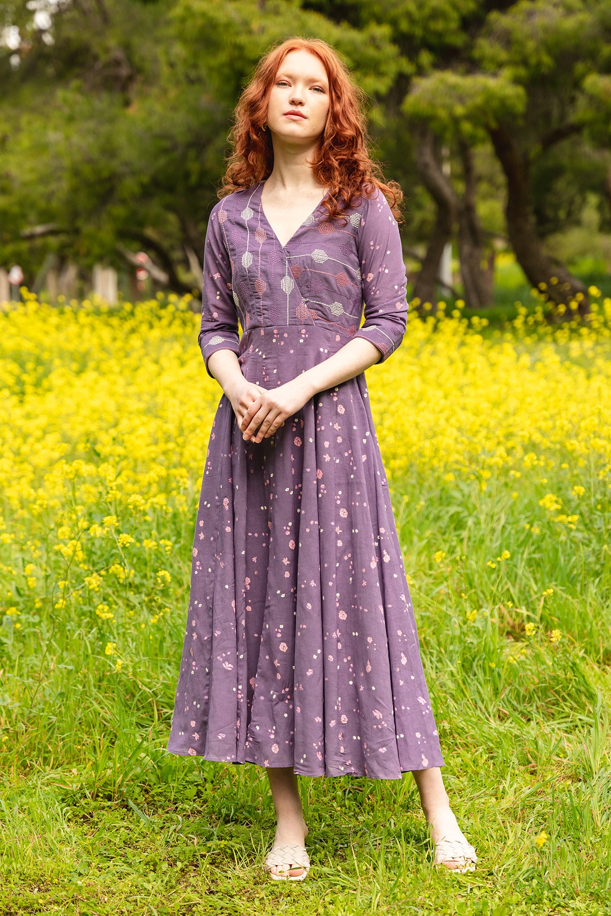 Purple cotton georgette printed and kantha embroidered kalidar angarakha