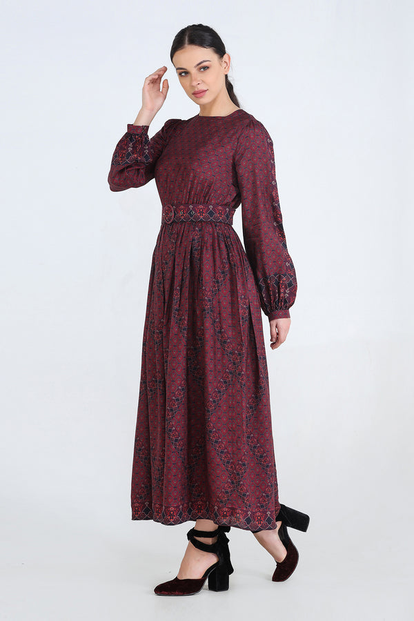 Plum Dola Silk Tapestry Print Placement Maxi