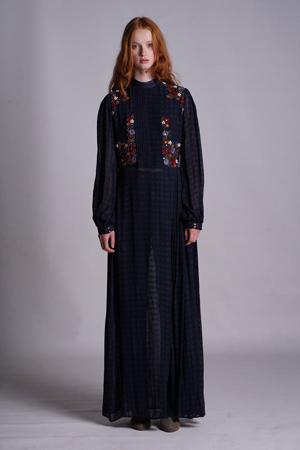 Viscose Texture Fabric Maxi Dress with Floral Embroidered Bodice